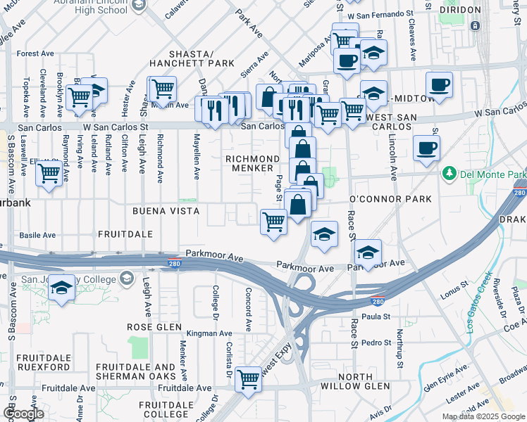 map of restaurants, bars, coffee shops, grocery stores, and more near 471 South Willard Avenue in San Jose