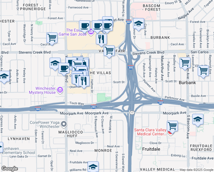 map of restaurants, bars, coffee shops, grocery stores, and more near 512 Villa Centre Way in San Jose