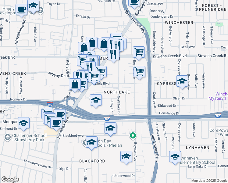 map of restaurants, bars, coffee shops, grocery stores, and more near 507 Kiely Boulevard in San Jose