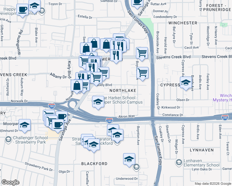 map of restaurants, bars, coffee shops, grocery stores, and more near 507 Kiely Boulevard in San Jose