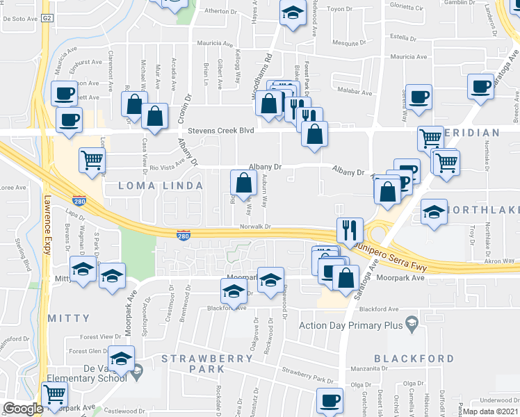 map of restaurants, bars, coffee shops, grocery stores, and more near 328 Greendale Way in San Jose