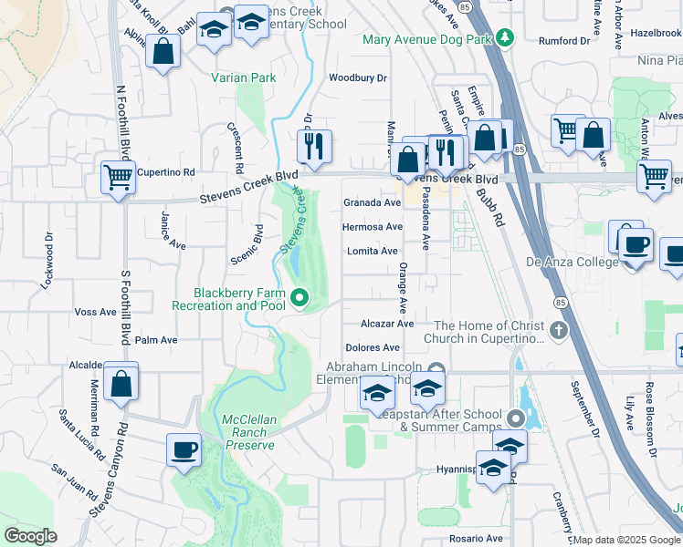 map of restaurants, bars, coffee shops, grocery stores, and more near 21918 Lomita Avenue in Cupertino