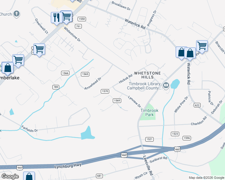 map of restaurants, bars, coffee shops, grocery stores, and more near 465 Hickok Road in Lynchburg