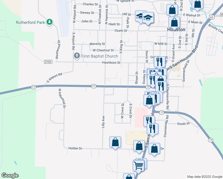 map of restaurants, bars, coffee shops, grocery stores, and more near 825 Missouri 17 in Houston