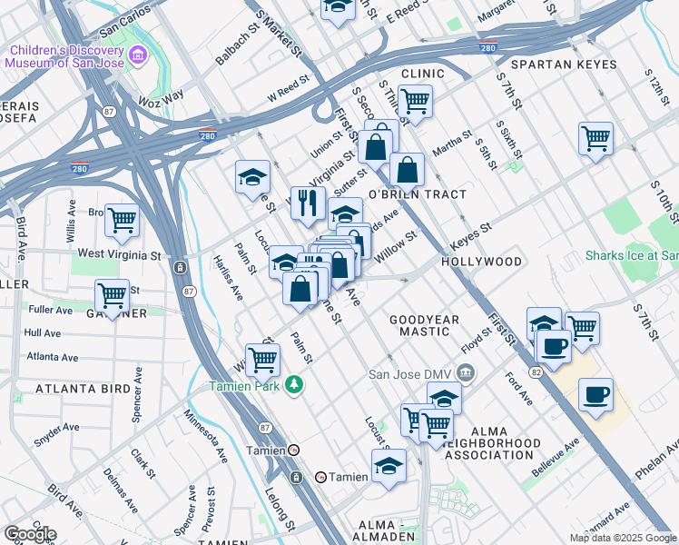 map of restaurants, bars, coffee shops, grocery stores, and more near South Almaden Avenue in San Jose