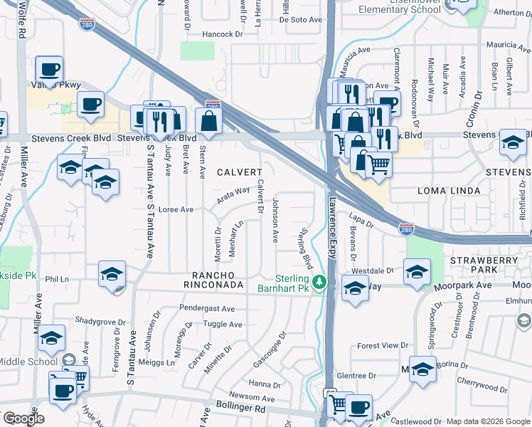 map of restaurants, bars, coffee shops, grocery stores, and more near 10250 Calvert Drive in Cupertino
