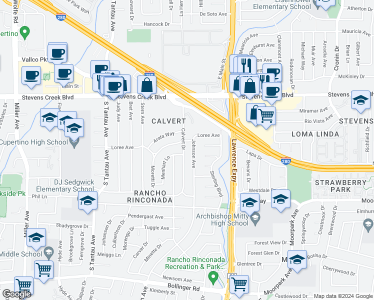 map of restaurants, bars, coffee shops, grocery stores, and more near 10250 Calvert Drive in Cupertino