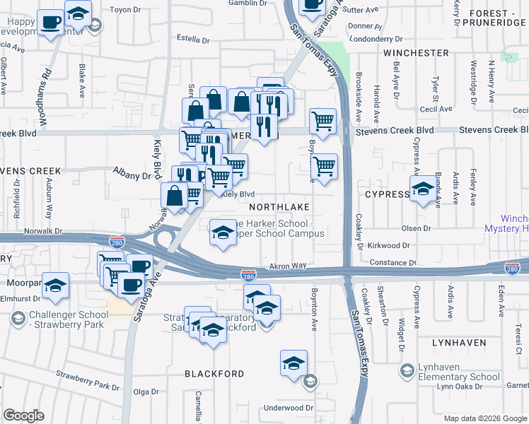 map of restaurants, bars, coffee shops, grocery stores, and more near 507 Kiely Boulevard in San Jose