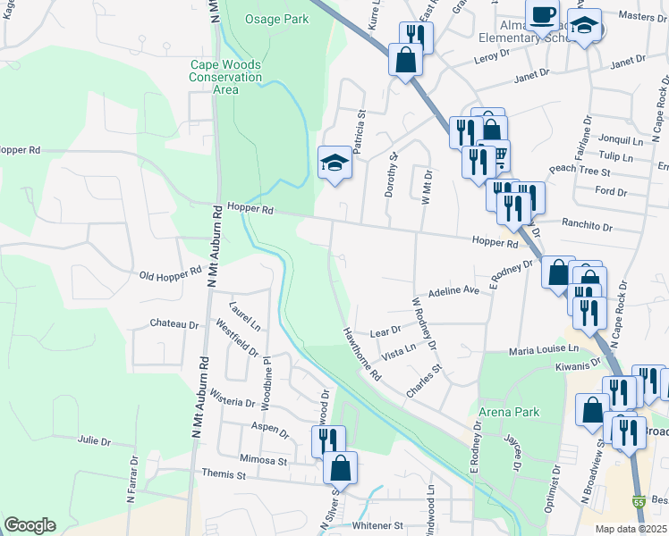 map of restaurants, bars, coffee shops, grocery stores, and more near 937 Hawthorne Road in Cape Girardeau