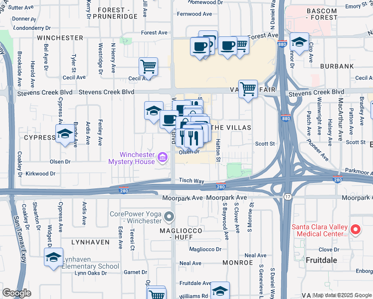map of restaurants, bars, coffee shops, grocery stores, and more near 377 Santana Row in San Jose
