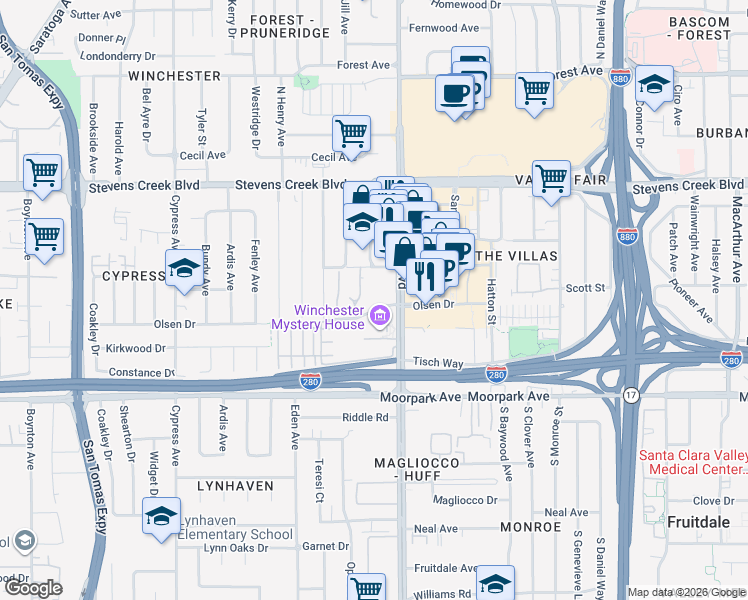 map of restaurants, bars, coffee shops, grocery stores, and more near in San Jose