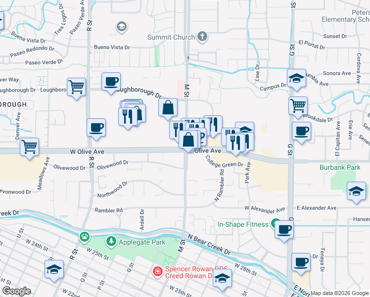 map of restaurants, bars, coffee shops, grocery stores, and more near West Olive Avenue & M Street in Merced