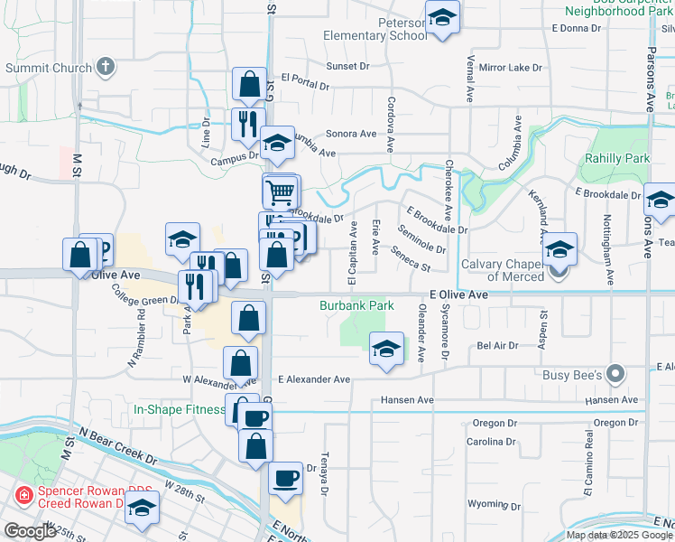 map of restaurants, bars, coffee shops, grocery stores, and more near 3134 College Avenue in Merced