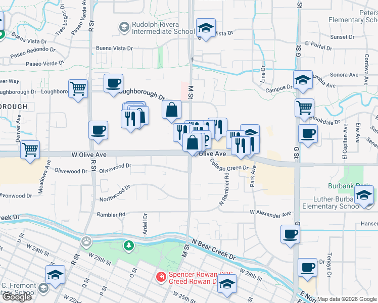 map of restaurants, bars, coffee shops, grocery stores, and more near 3101 M Street in Merced