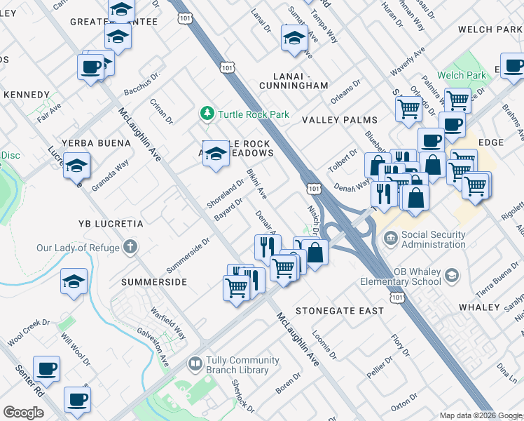 map of restaurants, bars, coffee shops, grocery stores, and more near 2252 Denair Avenue in San Jose