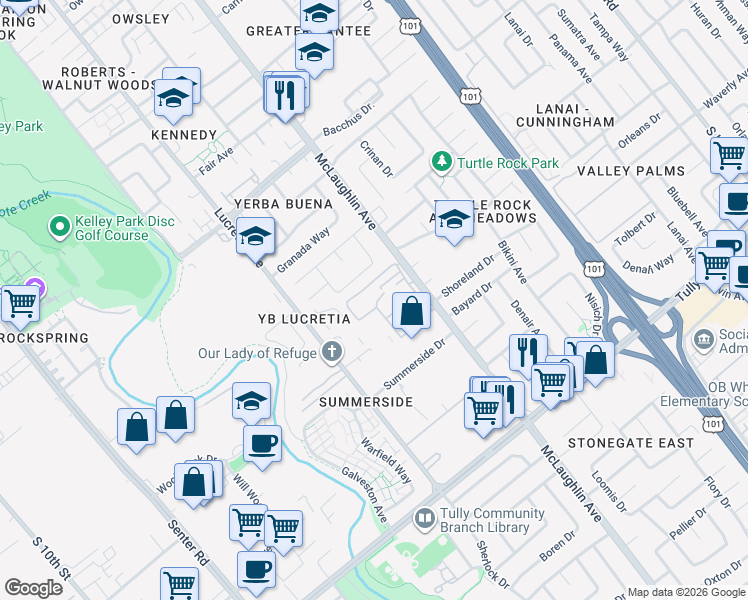 map of restaurants, bars, coffee shops, grocery stores, and more near 1045 Summershore Court in San Jose