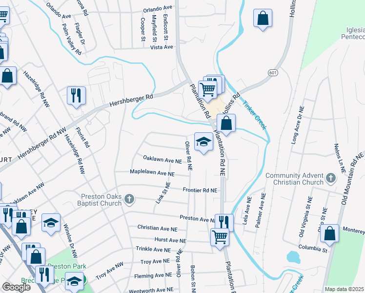 map of restaurants, bars, coffee shops, grocery stores, and more near 218 Monterey Avenue Northeast in Roanoke