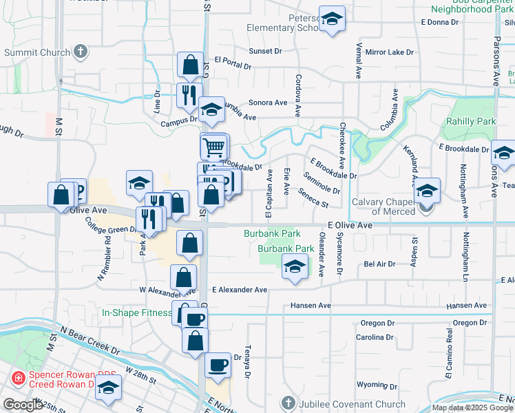 map of restaurants, bars, coffee shops, grocery stores, and more near 294 Seneca Street in Merced