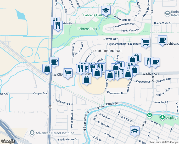 map of restaurants, bars, coffee shops, grocery stores, and more near 3147 Juneau Court in Merced