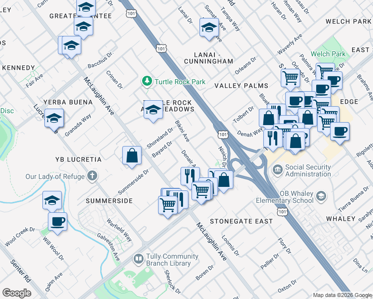 map of restaurants, bars, coffee shops, grocery stores, and more near 2252 Denair Avenue in San Jose