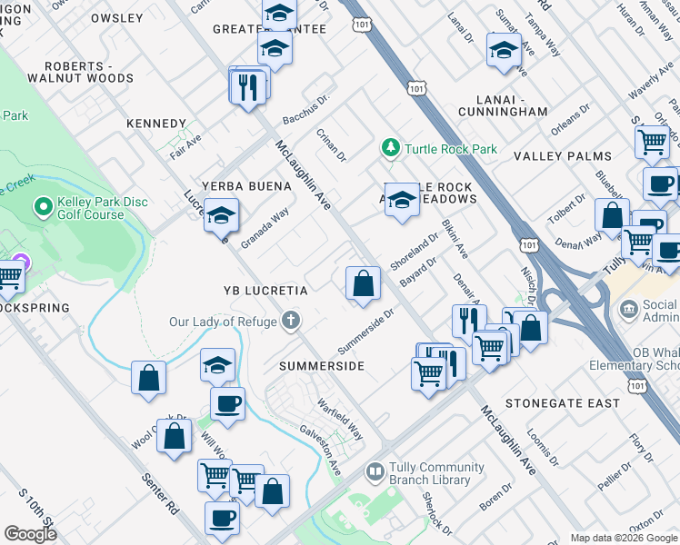 map of restaurants, bars, coffee shops, grocery stores, and more near 1079 Summerain Court in San Jose