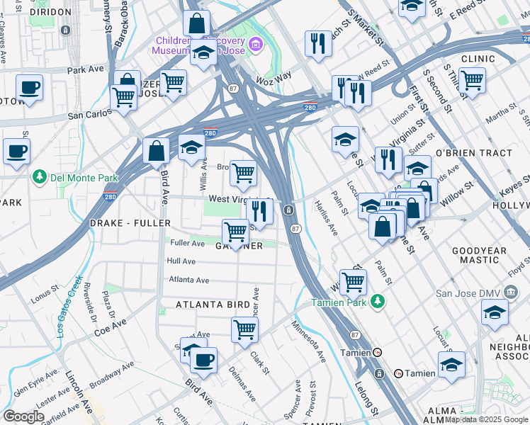 map of restaurants, bars, coffee shops, grocery stores, and more near 369 West Virginia Street in San Jose