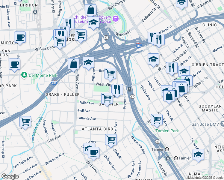 map of restaurants, bars, coffee shops, grocery stores, and more near in San Jose