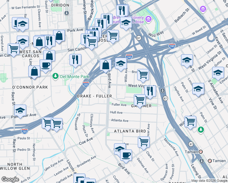 map of restaurants, bars, coffee shops, grocery stores, and more near in San Jose