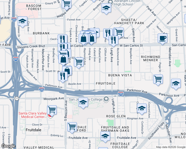 map of restaurants, bars, coffee shops, grocery stores, and more near 498 Irving Avenue in San Jose