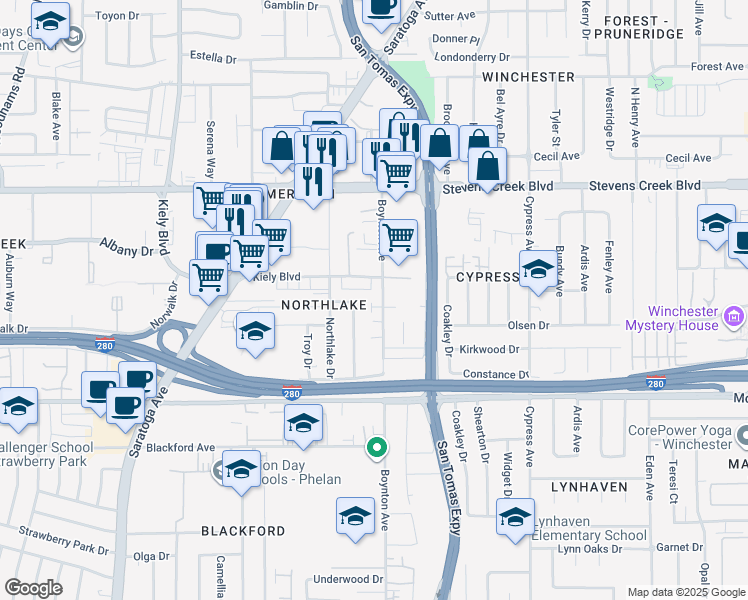 map of restaurants, bars, coffee shops, grocery stores, and more near 421 Boynton Avenue in San Jose