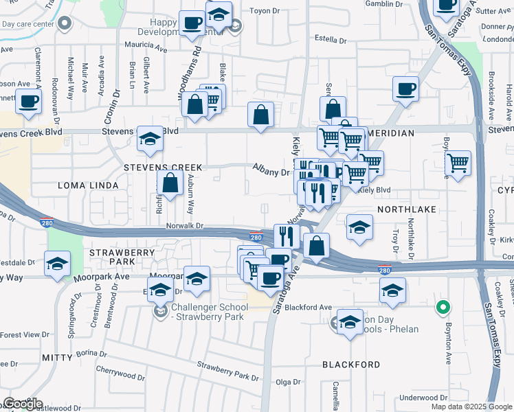 map of restaurants, bars, coffee shops, grocery stores, and more near 4260 Albany Drive in San Jose