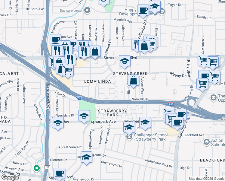 map of restaurants, bars, coffee shops, grocery stores, and more near 4712 Lago Vista Circle in San Jose