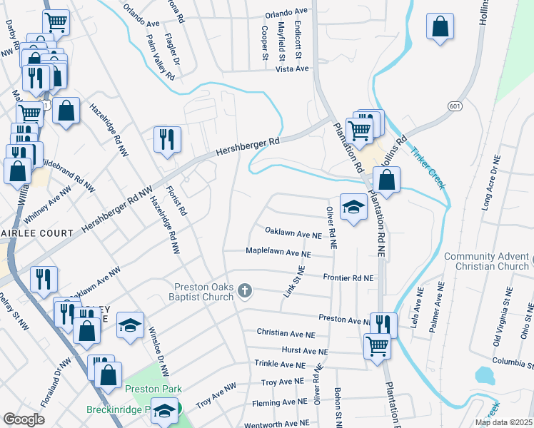 map of restaurants, bars, coffee shops, grocery stores, and more near 4609 Northridge Street Northeast in Roanoke
