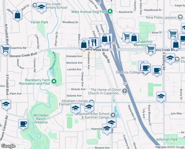 map of restaurants, bars, coffee shops, grocery stores, and more near 21685 Olive Avenue in Cupertino