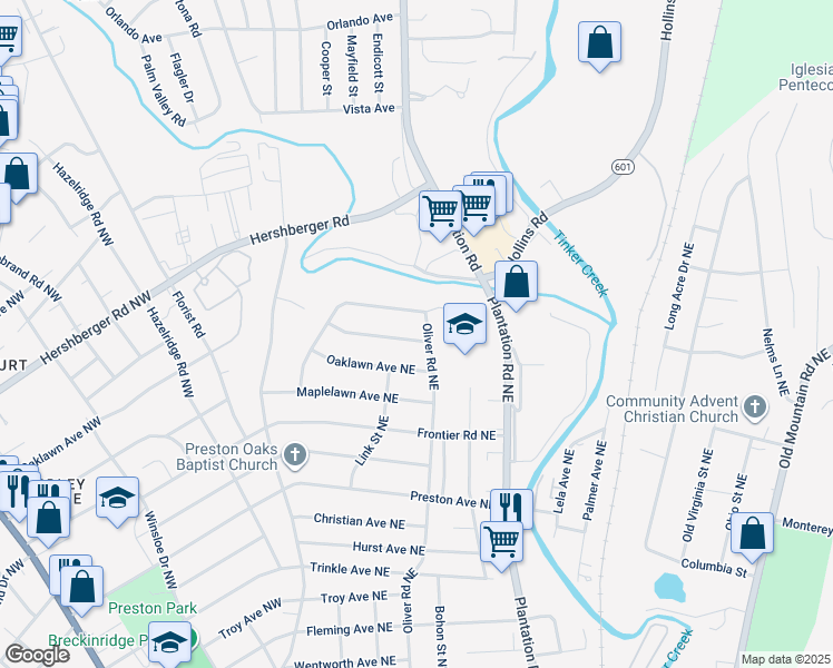 map of restaurants, bars, coffee shops, grocery stores, and more near 218 Monterey Avenue Northeast in Roanoke