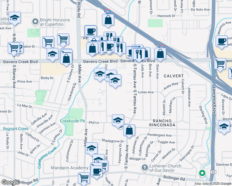 map of restaurants, bars, coffee shops, grocery stores, and more near 10100 Finch Avenue in Cupertino