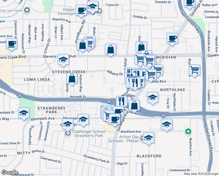 map of restaurants, bars, coffee shops, grocery stores, and more near 355 Kiely Boulevard in San Jose