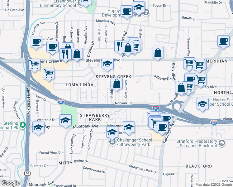 map of restaurants, bars, coffee shops, grocery stores, and more near 401 Greendale Way in San Jose