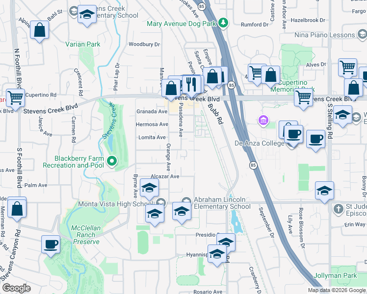 map of restaurants, bars, coffee shops, grocery stores, and more near 10248 Pasadena Avenue in Cupertino