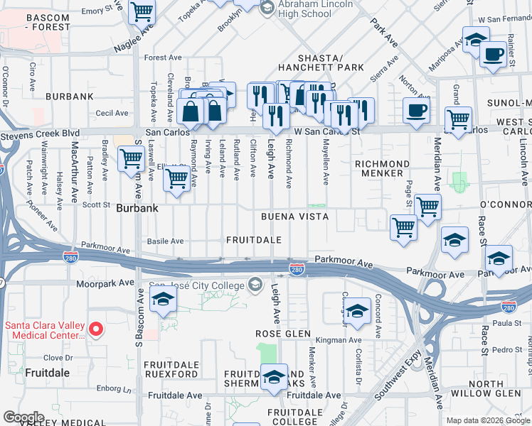 map of restaurants, bars, coffee shops, grocery stores, and more near 486 Clifton Avenue in San Jose
