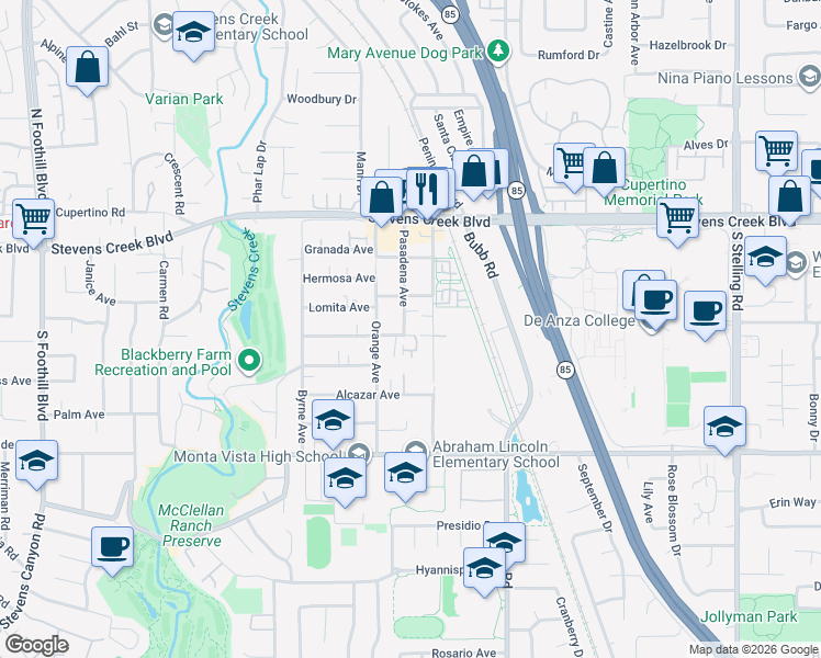 map of restaurants, bars, coffee shops, grocery stores, and more near 10248 Pasadena Avenue in Cupertino