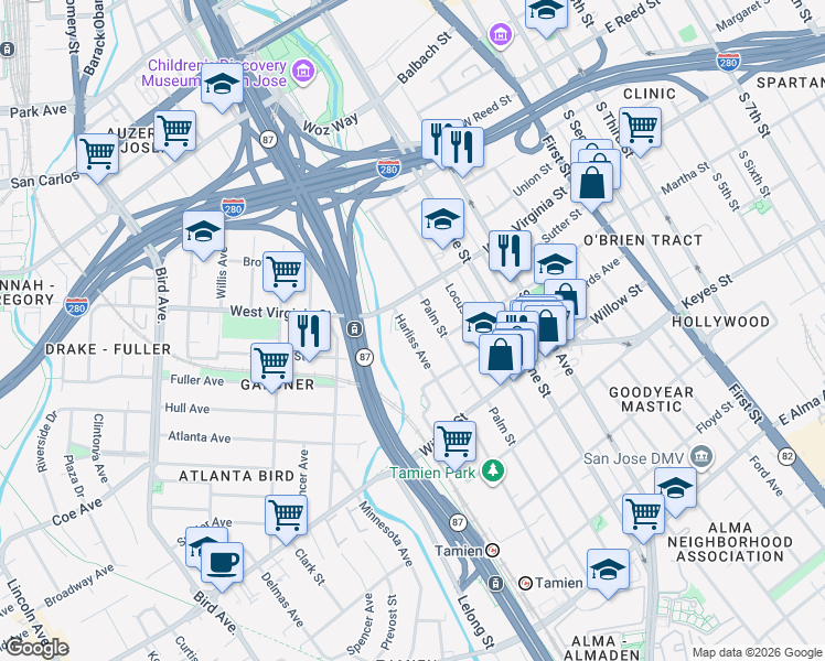 map of restaurants, bars, coffee shops, grocery stores, and more near 802 Harliss Avenue in San Jose