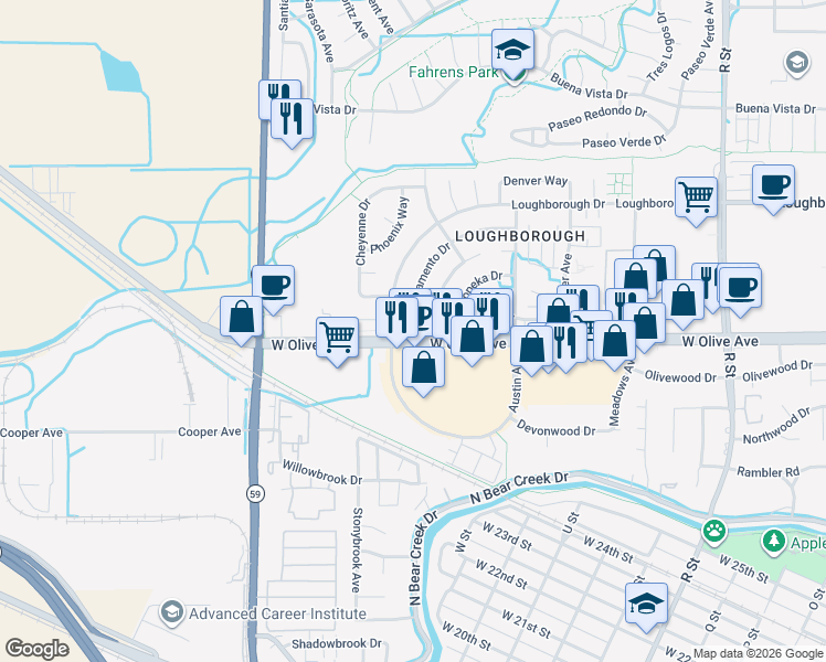 map of restaurants, bars, coffee shops, grocery stores, and more near 3150 Loughborough Drive in Merced
