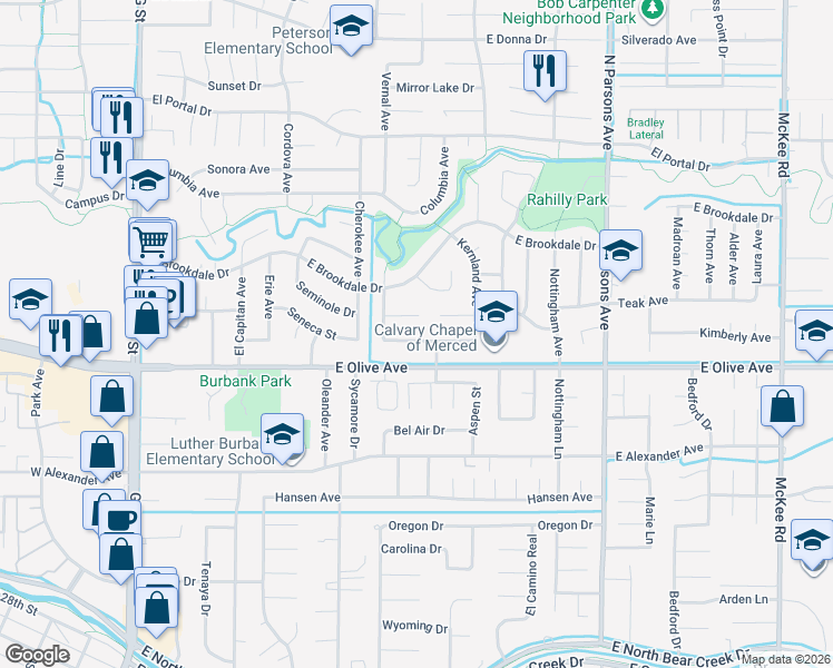 map of restaurants, bars, coffee shops, grocery stores, and more near 1101 Kensington Drive in Merced