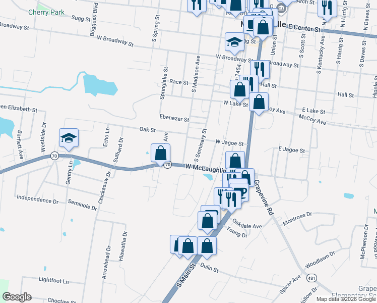 map of restaurants, bars, coffee shops, grocery stores, and more near 539-687 South Madison Avenue in Madisonville