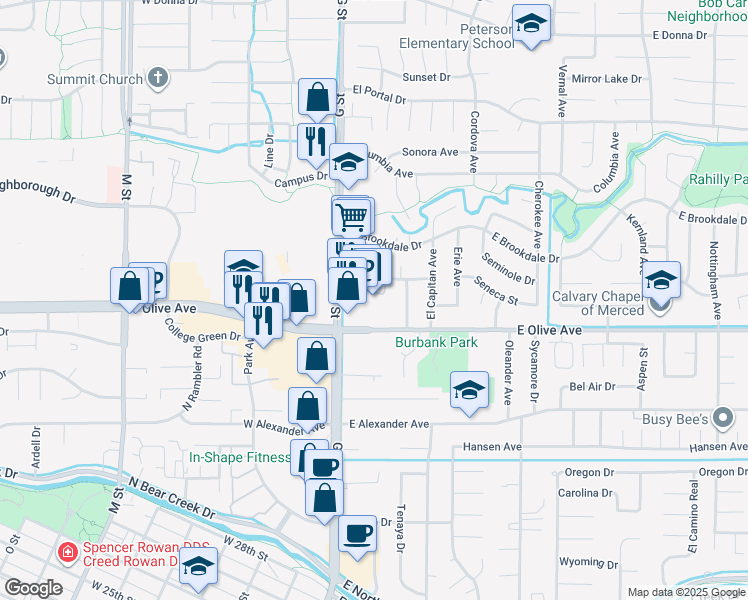 map of restaurants, bars, coffee shops, grocery stores, and more near 3144 G Street in Merced