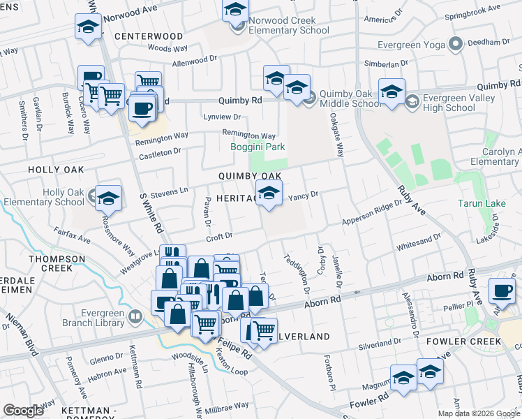 map of restaurants, bars, coffee shops, grocery stores, and more near 3007 Yancy Drive in San Jose
