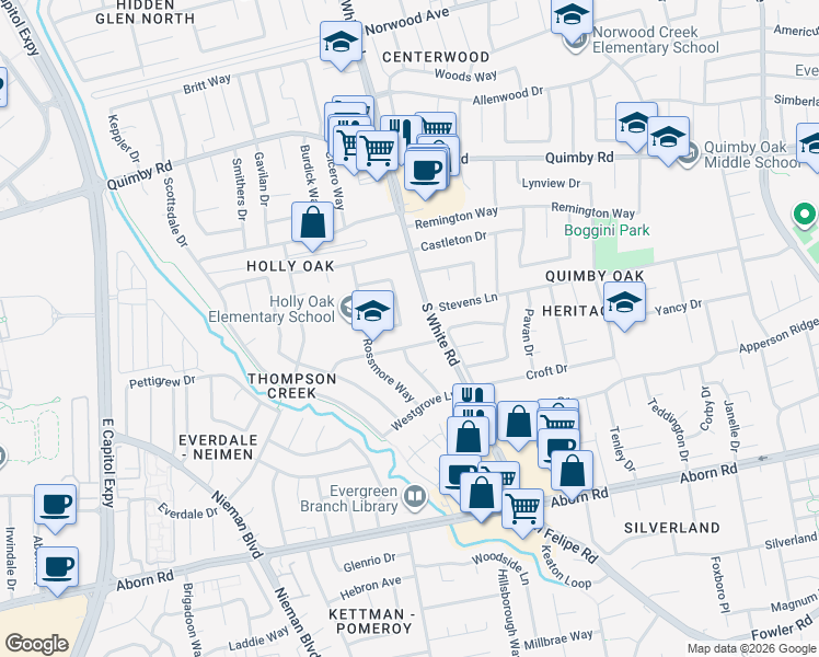 map of restaurants, bars, coffee shops, grocery stores, and more near 2949 South White Road in San Jose