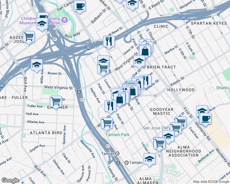 map of restaurants, bars, coffee shops, grocery stores, and more near 297 Oak Street in San Jose