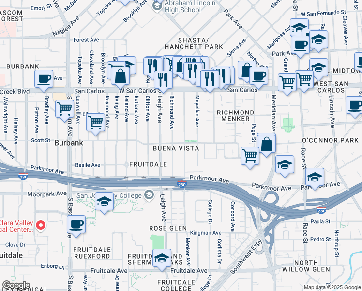 map of restaurants, bars, coffee shops, grocery stores, and more near 494 Menker Avenue in San Jose